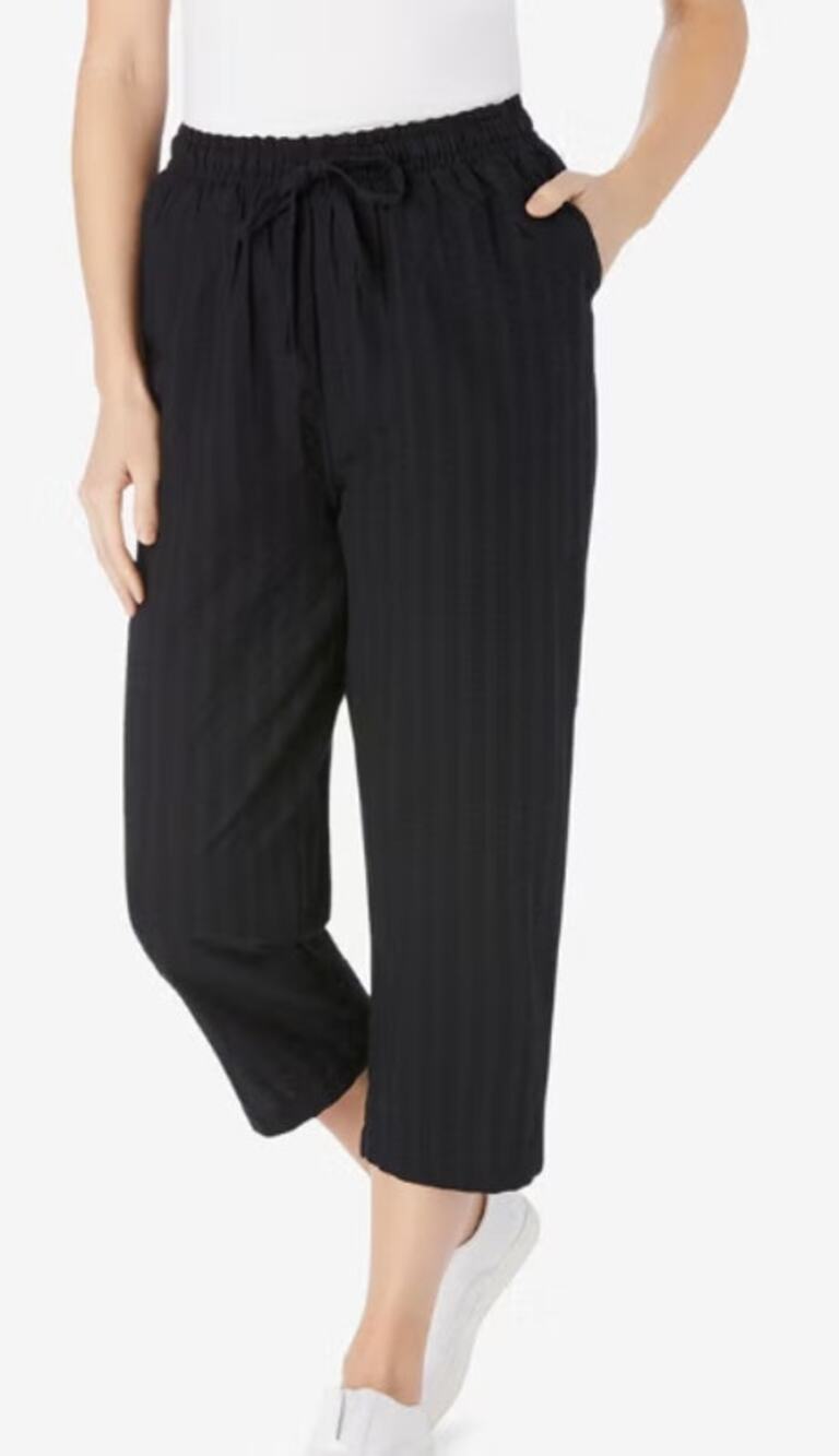 Woman Within Seersucker Pull On Drawstring Capri Pants Black 30W Petite